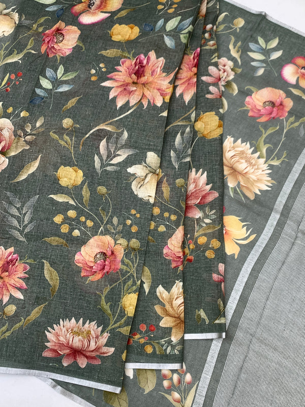 Sage Green Digital Floral Printed Linen Saree