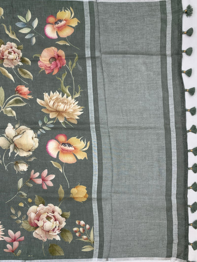 Sage Green Digital Floral Printed Linen Saree