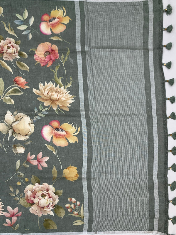 Sage Green Digital Floral Printed Linen Saree