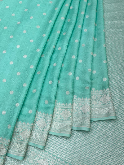 Exquisite Aqua Green Banarasi Mashru Silk Saree with Silver Zari