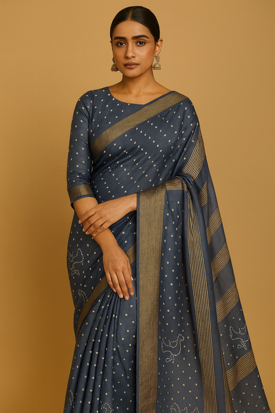 Tussore Printed Saree Dark-Grey In Colour