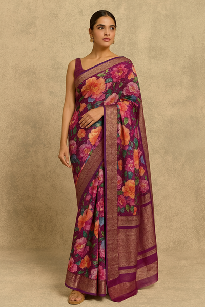 Crepe Silk Saree Magenta-Pink In Colour