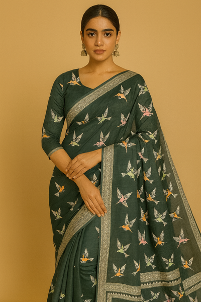 Tussore Georgette Saree Dark-Green In Colour