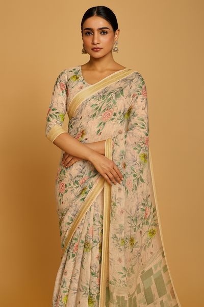 Chanderi Cotton Saree Light-Peach In Colour