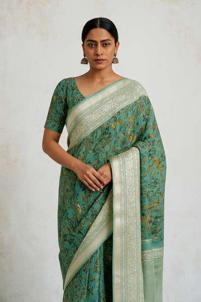 Chiniya Silk Saree Green In Colour