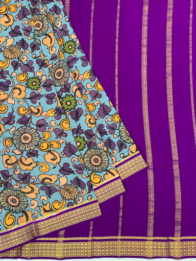 Exquisite Mysore Silk Saree – Royal Purple &amp; Kalamkari Floral Fusion