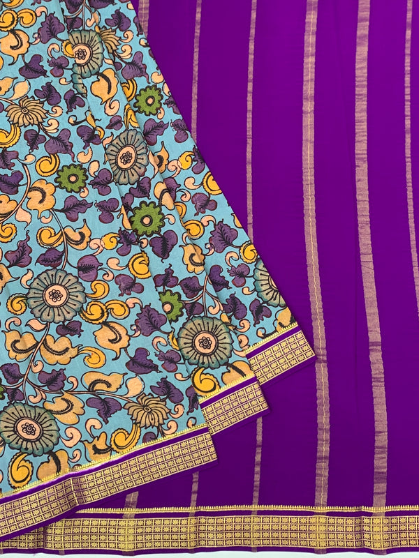Exquisite Mysore Silk Saree – Royal Purple &amp; Kalamkari Floral Fusion