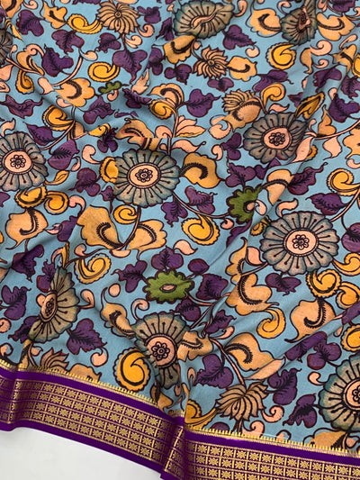 Exquisite Mysore Silk Saree – Royal Purple &amp; Kalamkari Floral Fusion