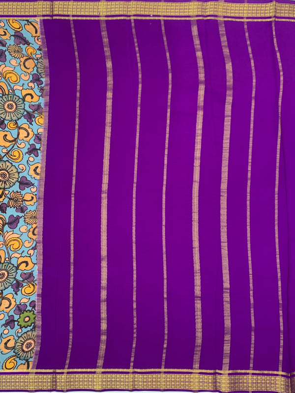 Exquisite Mysore Silk Saree – Royal Purple &amp; Kalamkari Floral Fusion