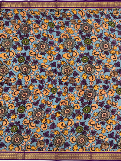 Exquisite Mysore Silk Saree – Royal Purple &amp; Kalamkari Floral Fusion