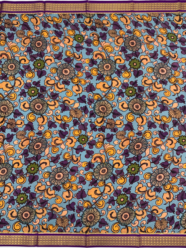 Exquisite Mysore Silk Saree – Royal Purple &amp; Kalamkari Floral Fusion