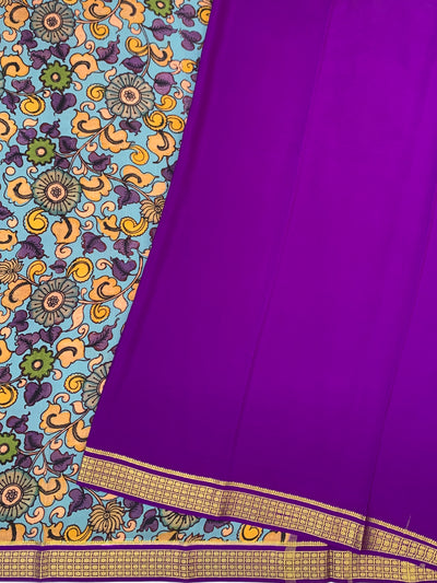 Exquisite Mysore Silk Saree – Royal Purple &amp; Kalamkari Floral Fusion