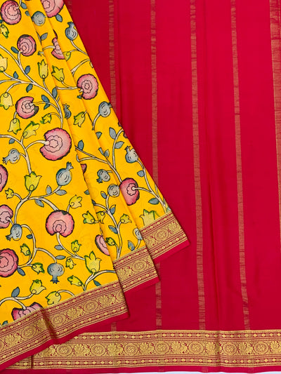 Mustard Yellow Floral Mysore Silk Saree