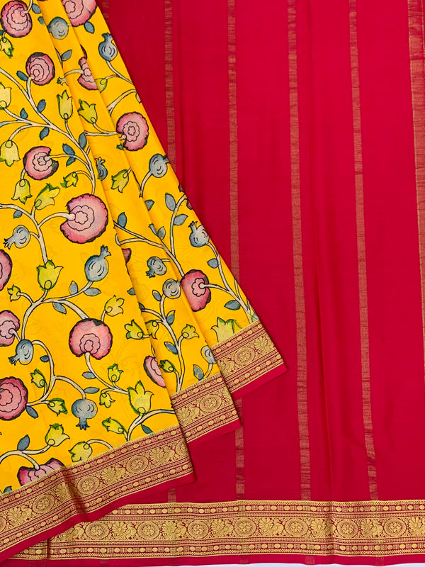 Mustard Yellow Floral Mysore Silk Saree