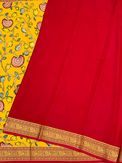 Mustard Yellow Floral Mysore Silk Saree