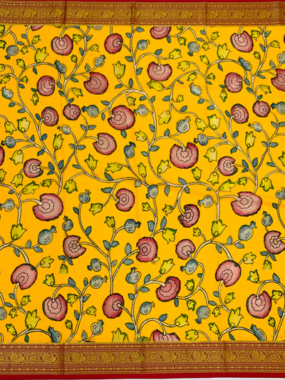 Mustard Yellow Floral Mysore Silk Saree