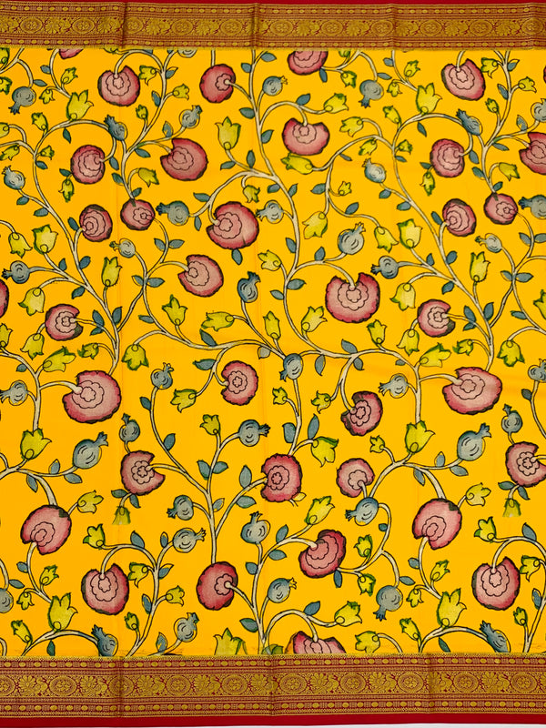 Mustard Yellow Floral Mysore Silk Saree