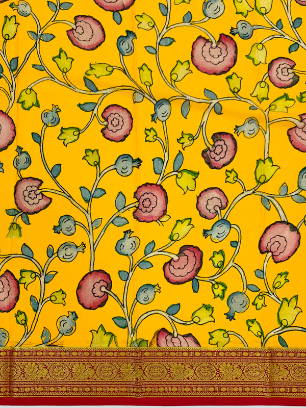 Mustard Yellow Floral Mysore Silk Saree