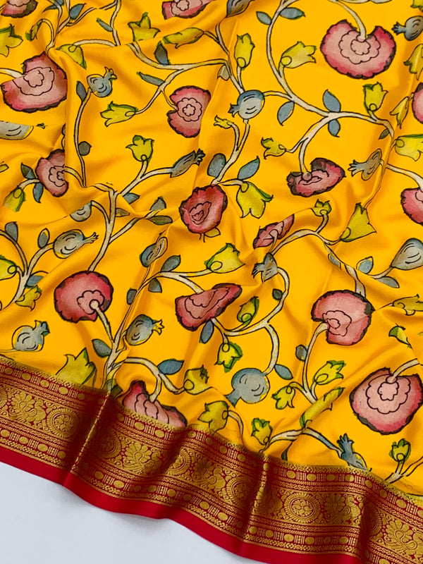 Mustard Yellow Floral Mysore Silk Saree