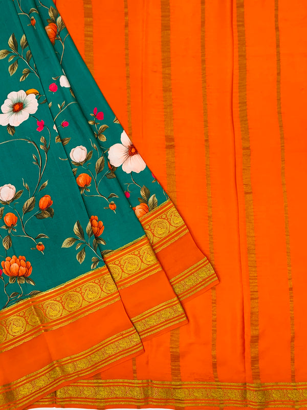 Exquisite Mysore Silk Saree – Teal Floral & Vibrant Orange
