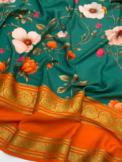 Exquisite Mysore Silk Saree – Teal Floral & Vibrant Orange