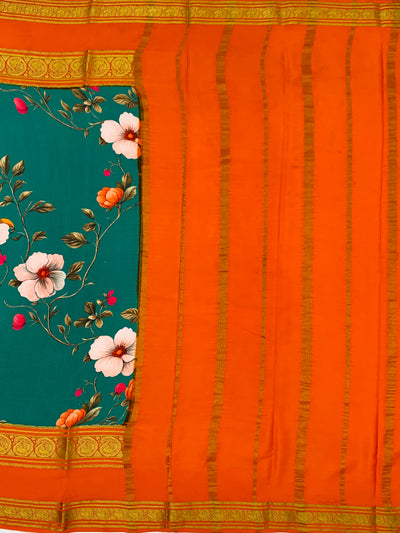 Exquisite Mysore Silk Saree – Teal Floral & Vibrant Orange