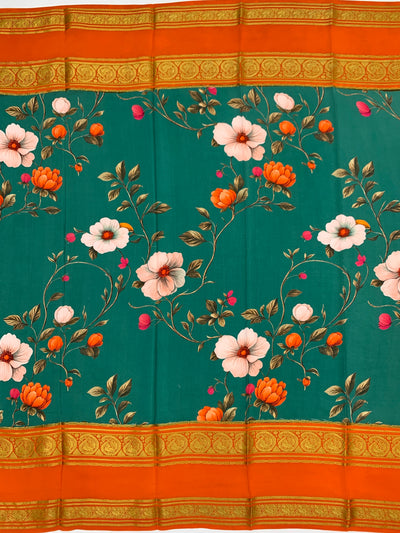Exquisite Mysore Silk Saree – Teal Floral & Vibrant Orange
