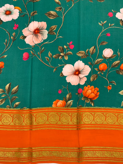 Exquisite Mysore Silk Saree – Teal Floral & Vibrant Orange