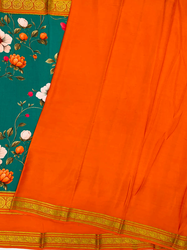Exquisite Mysore Silk Saree – Teal Floral & Vibrant Orange