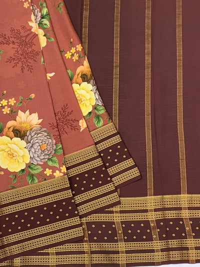 Elegant Dusty Rose Floral Mysore Silk Saree with Contrast Border