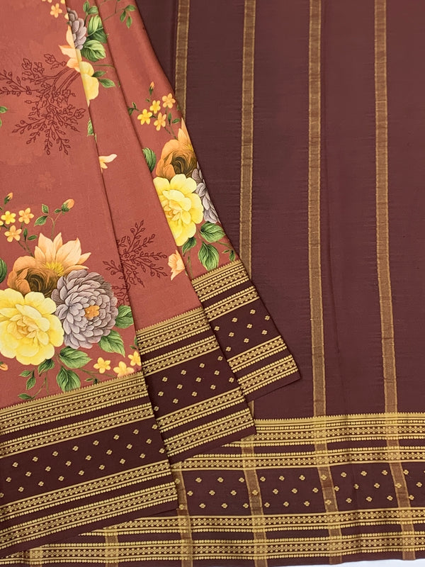 Elegant Dusty Rose Floral Mysore Silk Saree with Contrast Border