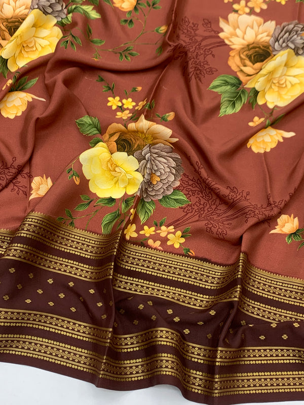 Elegant Dusty Rose Floral Mysore Silk Saree with Contrast Border
