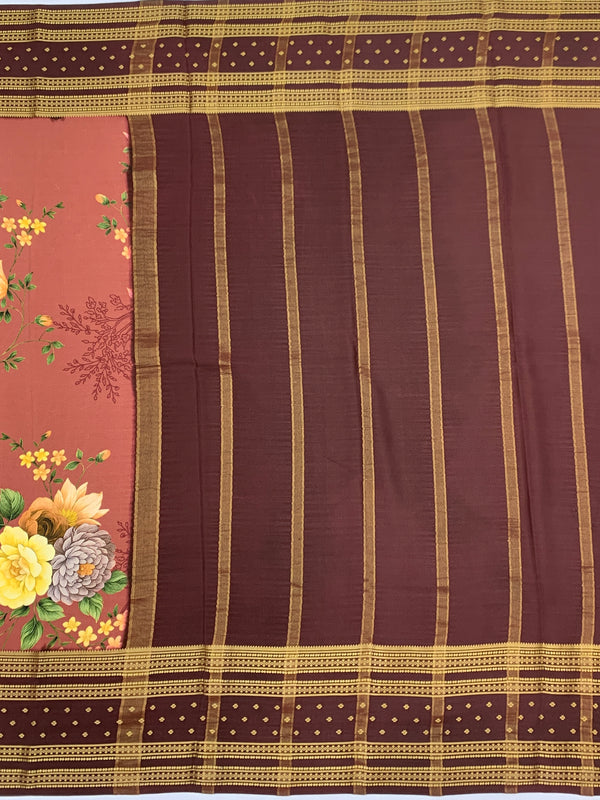 Elegant Dusty Rose Floral Mysore Silk Saree with Contrast Border