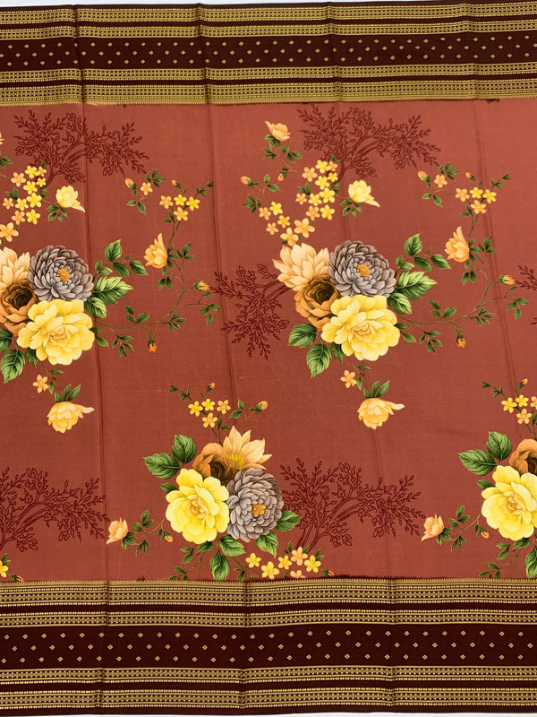 Elegant Dusty Rose Floral Mysore Silk Saree with Contrast Border