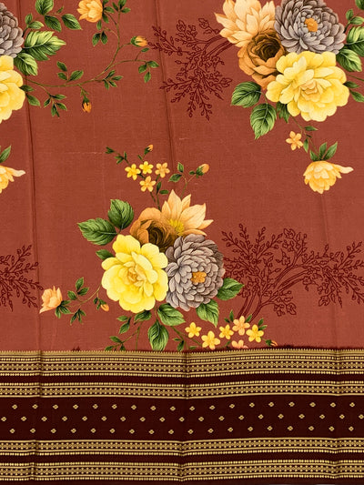 Elegant Dusty Rose Floral Mysore Silk Saree with Contrast Border