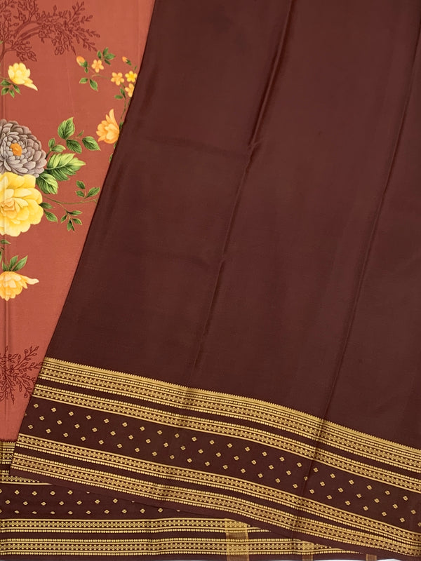 Elegant Dusty Rose Floral Mysore Silk Saree with Contrast Border