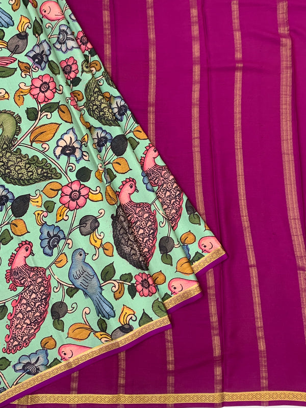 Exquisite Mysore Silk Saree with Pen Kalamkari-Style Print