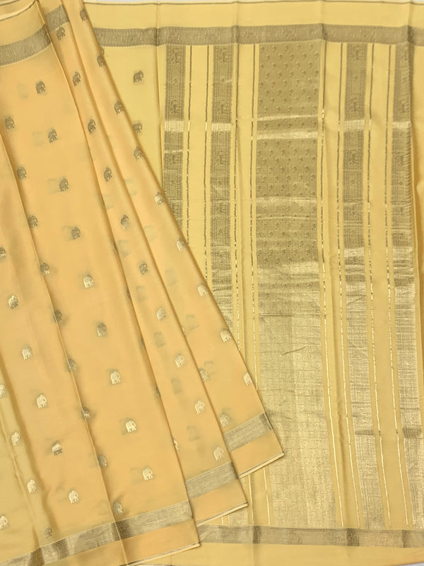 Exquisite Pale Yellow Mysore Silk Saree with Elephant Zari Buttas