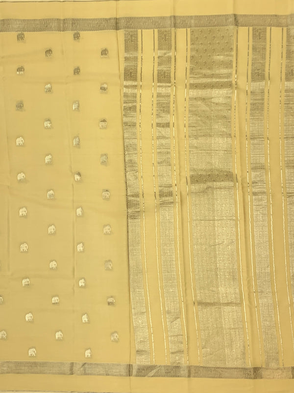Exquisite Pale Yellow Mysore Silk Saree with Elephant Zari Buttas