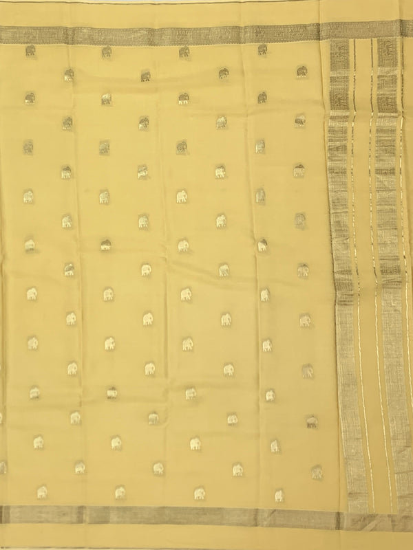 Exquisite Pale Yellow Mysore Silk Saree with Elephant Zari Buttas
