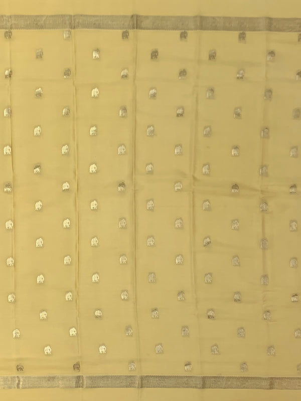 Exquisite Pale Yellow Mysore Silk Saree with Elephant Zari Buttas