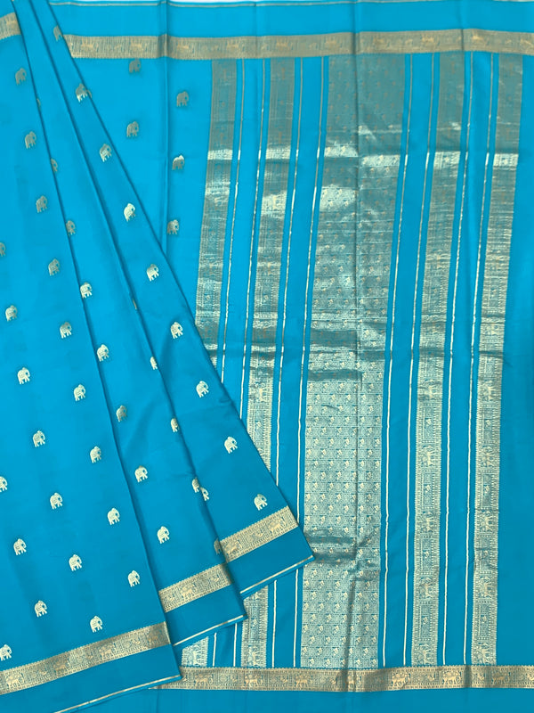 Radiant Turquoise Mysore Silk Saree with Gold Zari Elephant Buttas