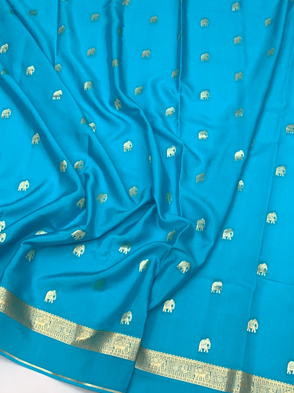 Radiant Turquoise Mysore Silk Saree with Gold Zari Elephant Buttas