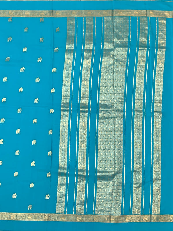 Radiant Turquoise Mysore Silk Saree with Gold Zari Elephant Buttas