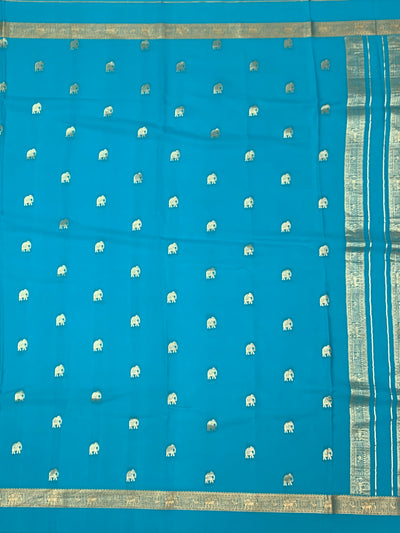 Radiant Turquoise Mysore Silk Saree with Gold Zari Elephant Buttas