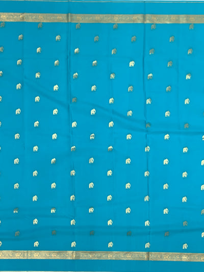 Radiant Turquoise Mysore Silk Saree with Gold Zari Elephant Buttas