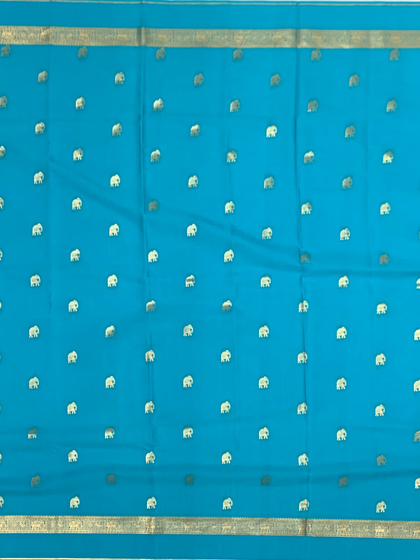 Radiant Turquoise Mysore Silk Saree with Gold Zari Elephant Buttas