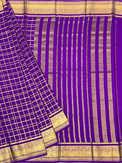Lavender Mysore Silk Saree with Gold Zari Checks & Striped Pallu