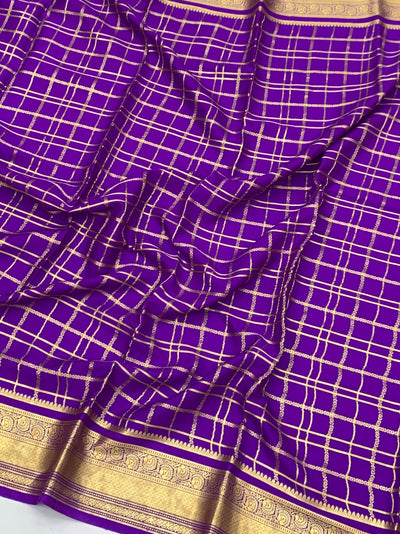 Lavender Mysore Silk Saree with Gold Zari Checks & Striped Pallu