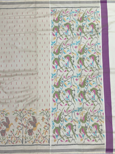 Off-White & Pastel Parrot Motif Patola Silk Saree